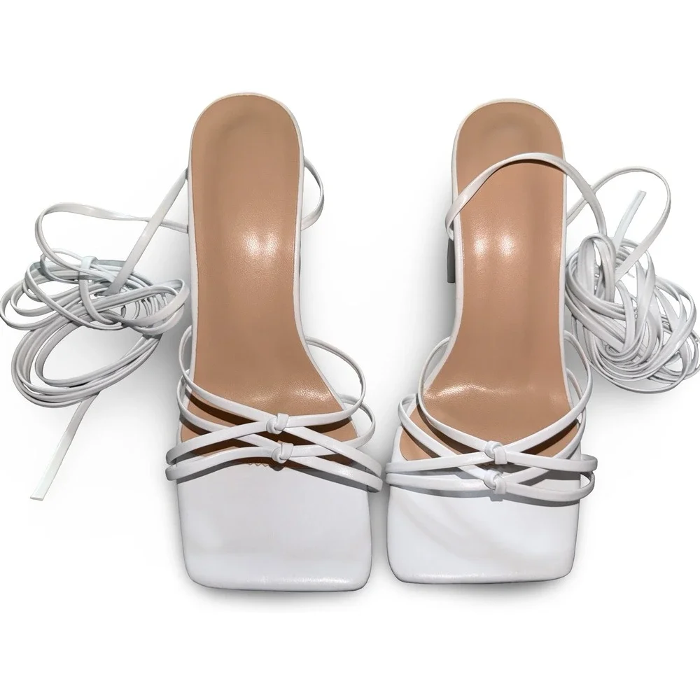 White Strappy Lace Up Block Heel Sandals Square Toe Knot Detail EUR 38 US 7.5 - Picture 7 of 12